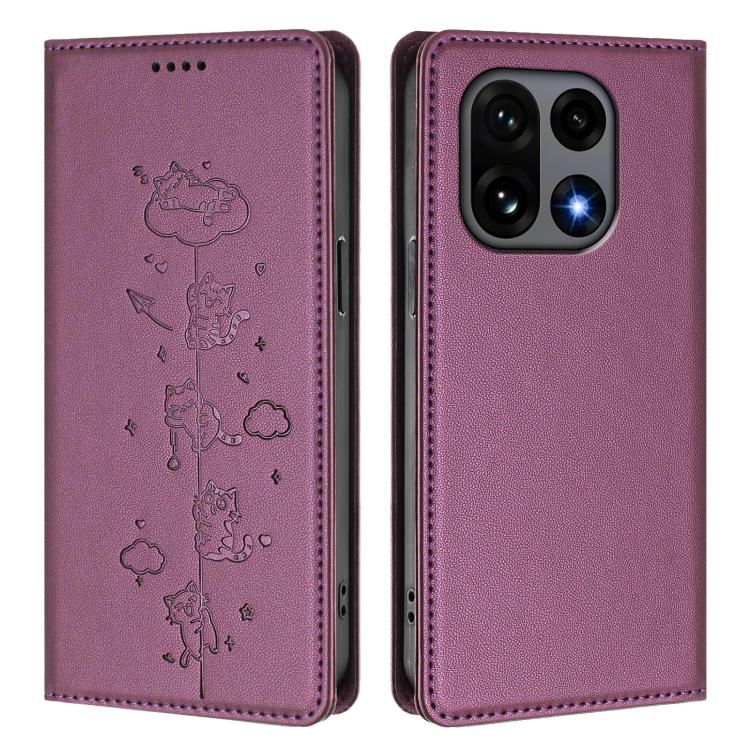 For OnePlus 15 Cute Cats Embossed Magnetic RFID Vegan Leather Phone Case