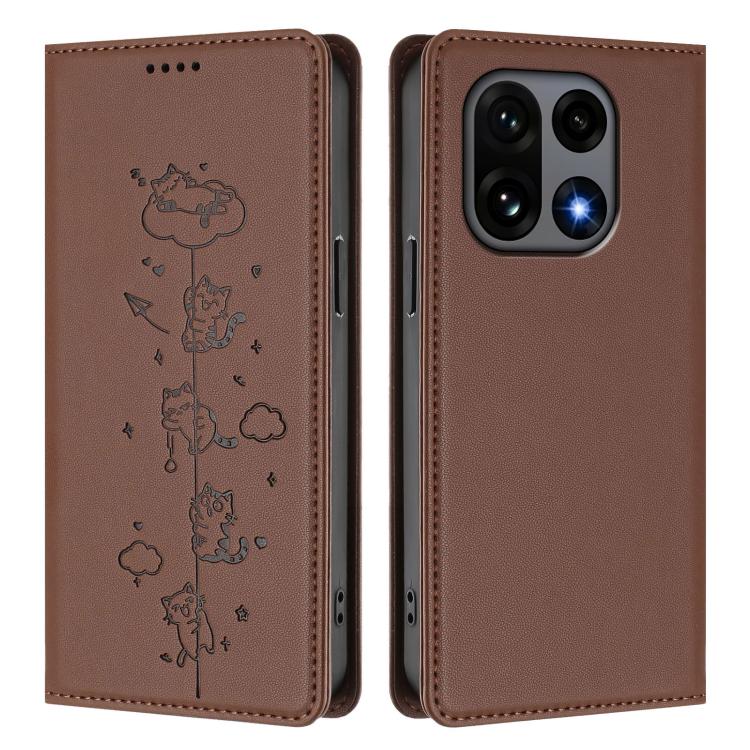 For OnePlus 15 Cute Cats Embossed Magnetic RFID Vegan Leather Phone Case
