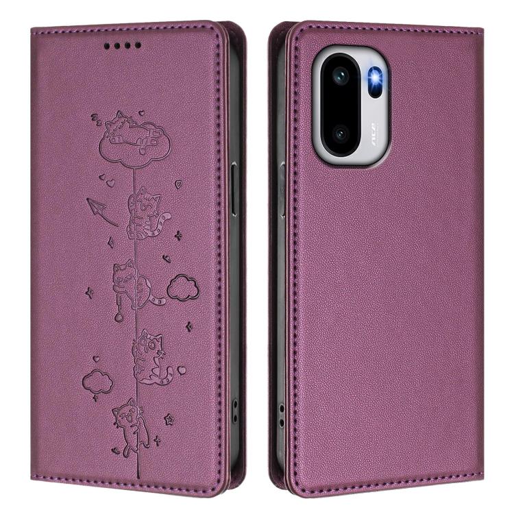 For OnePlus 15R / Ace 6 / Ace 6T Cute Cats Embossed Magnetic RFID Vegan Leather Phone Case