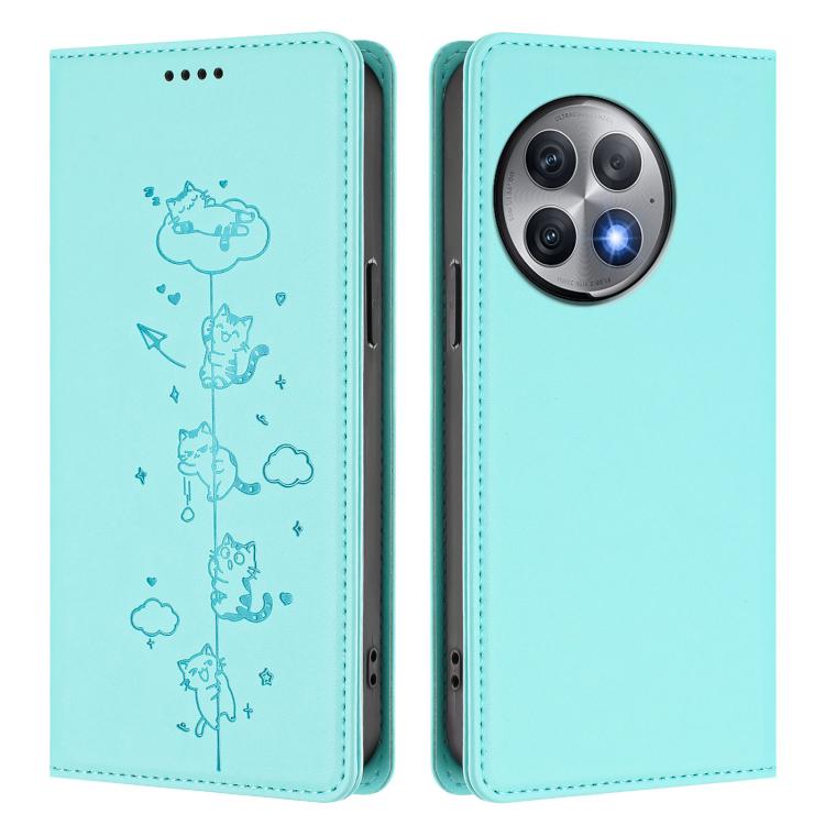 For OnePlus Ace 2 Pro Cute Cats Embossed Magnetic RFID Vegan Leather Phone Case