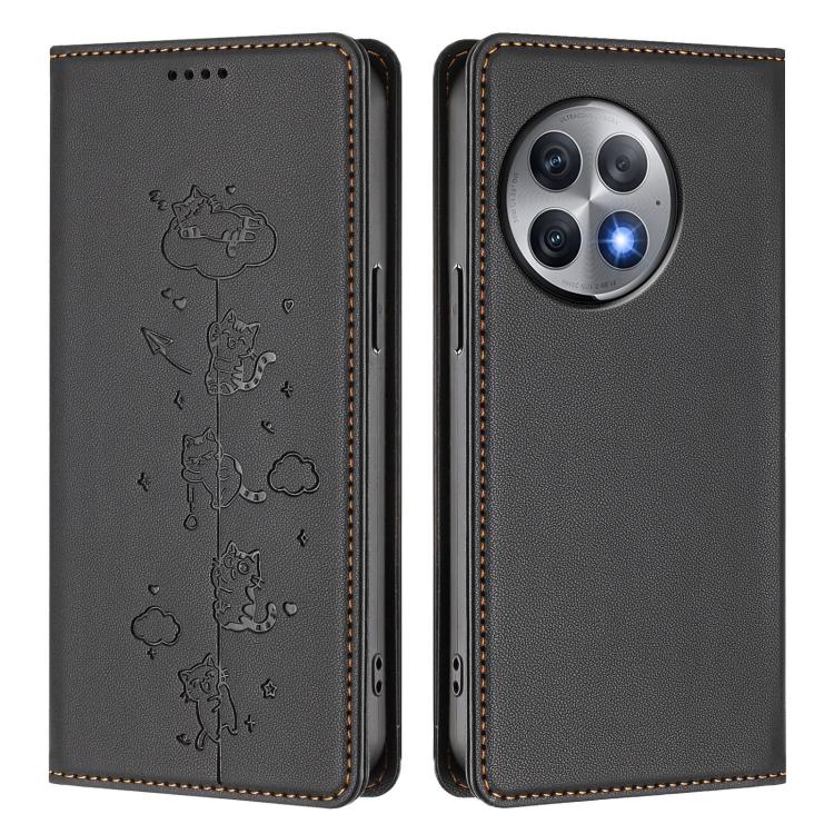 For OnePlus Ace 2 Pro Cute Cats Embossed Magnetic RFID Vegan Leather Phone Case