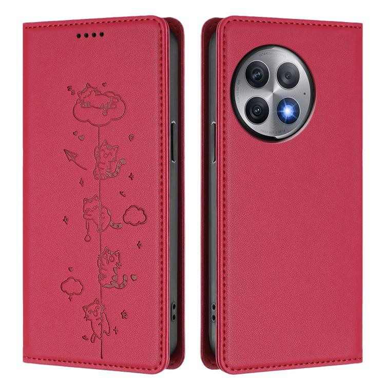 For OnePlus Ace 2 Pro Cute Cats Embossed Magnetic RFID Vegan Leather Phone Case