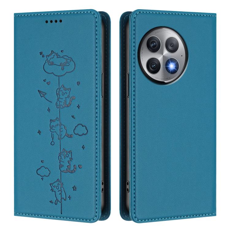 For OnePlus Ace 2 Pro Cute Cats Embossed Magnetic RFID Vegan Leather Phone Case