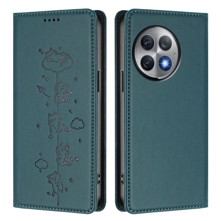 For OnePlus Ace 2 Pro Cute Cats Embossed Magnetic RFID Vegan Leather Phone Case