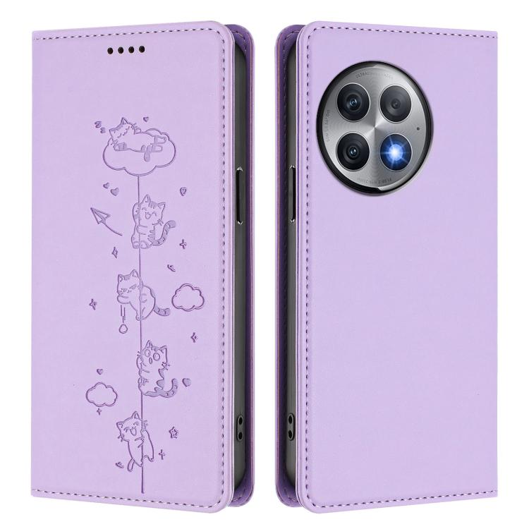 For OnePlus Ace 2 Pro Cute Cats Embossed Magnetic RFID Vegan Leather Phone Case