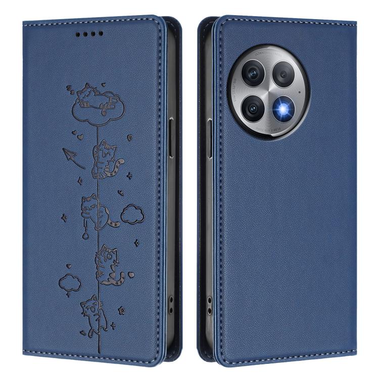 For OnePlus Ace 2 Pro Cute Cats Embossed Magnetic RFID Vegan Leather Phone Case