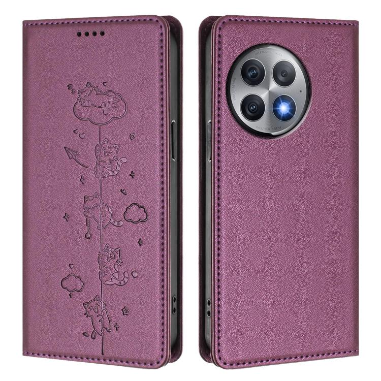 For OnePlus Ace 2 Pro Cute Cats Embossed Magnetic RFID Vegan Leather Phone Case