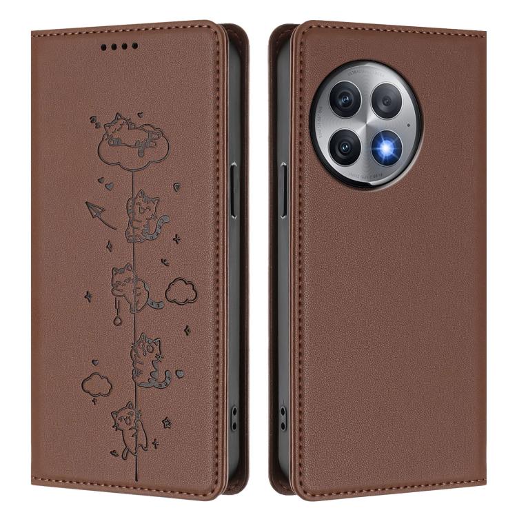 For OnePlus Ace 2 Pro Cute Cats Embossed Magnetic RFID Vegan Leather Phone Case