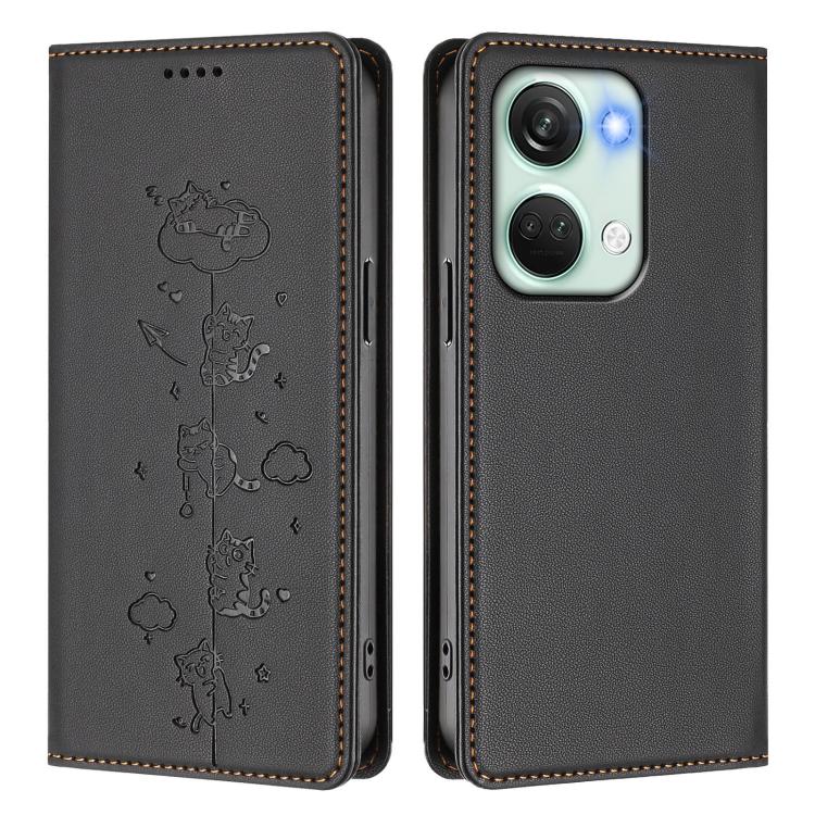 For OnePlus Nord 3 / Ace 2V Cute Cats Embossed Magnetic RFID Vegan Leather Phone Case