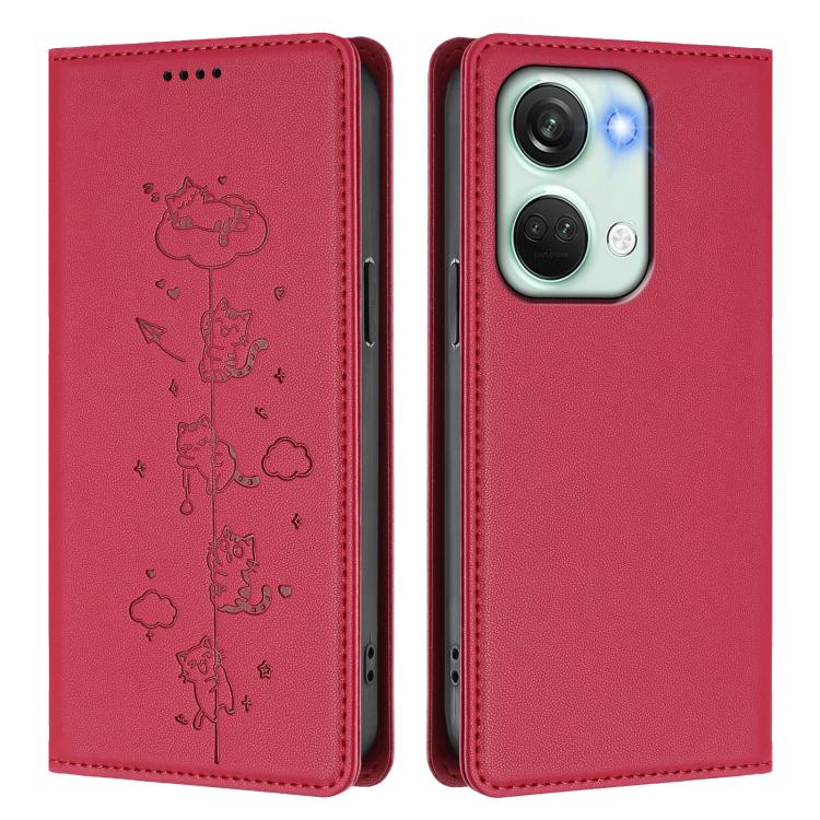 For OnePlus Nord 3 / Ace 2V Cute Cats Embossed Magnetic RFID Vegan Leather Phone Case