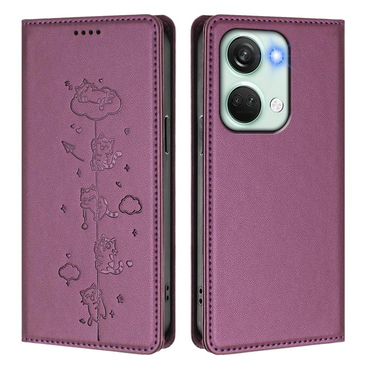 For OnePlus Nord 3 / Ace 2V Cute Cats Embossed Magnetic RFID Vegan Leather Phone Case