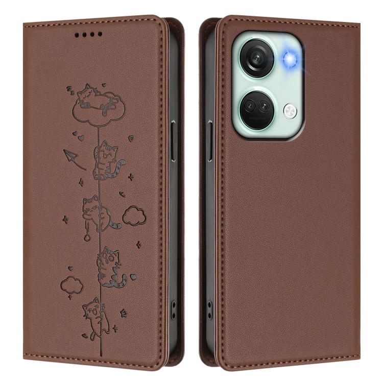 For OnePlus Nord 3 / Ace 2V Cute Cats Embossed Magnetic RFID Vegan Leather Phone Case