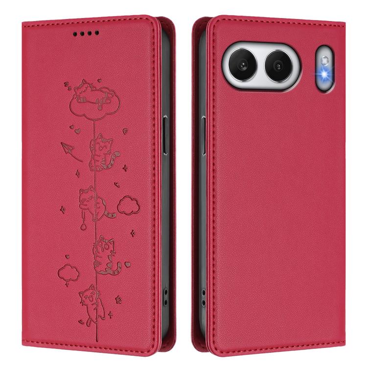 For OnePlus Nord 4 Cute Cats Embossed Magnetic RFID Vegan Leather Phone Case