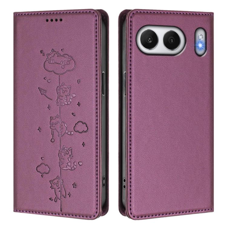 For OnePlus Nord 4 Cute Cats Embossed Magnetic RFID Vegan Leather Phone Case