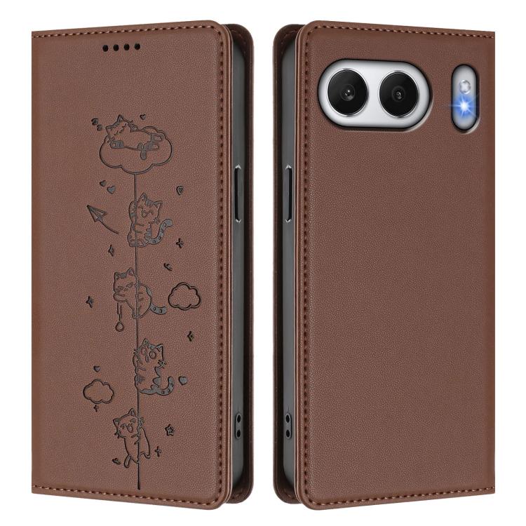 For OnePlus Nord 4 Cute Cats Embossed Magnetic RFID Vegan Leather Phone Case