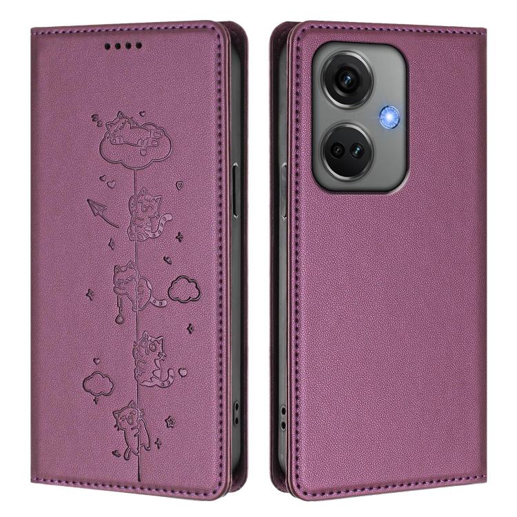 For OnePlus Nord CE3 Cute Cats Embossed Magnetic RFID Vegan Leather Phone Case