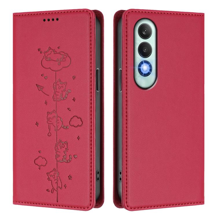 For OnePlus Nord CE4 Cute Cats Embossed Magnetic RFID Vegan Leather Phone Case