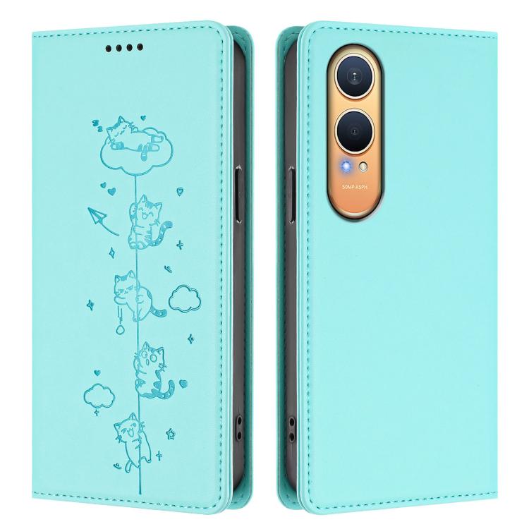 For OnePlus Nord CE4 Lite India Cute Cats Embossed Magnetic RFID Vegan Leather Phone Case