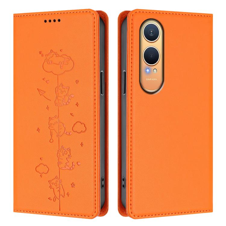 For OnePlus Nord CE4 Lite India Cute Cats Embossed Magnetic RFID Vegan Leather Phone Case