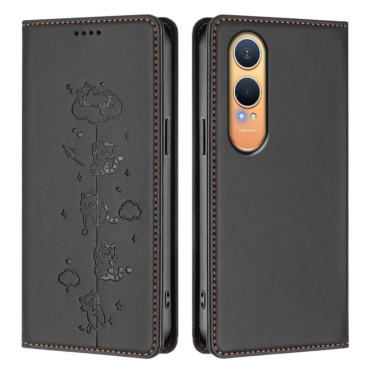 For OnePlus Nord CE4 Lite India Cute Cats Embossed Magnetic RFID Vegan Leather Phone Case