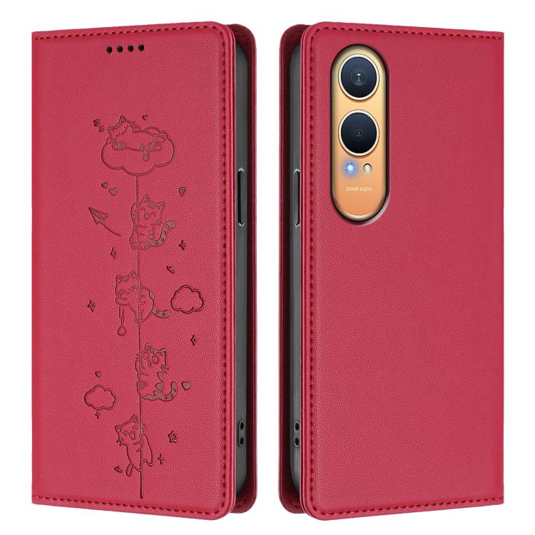 For OnePlus Nord CE4 Lite India Cute Cats Embossed Magnetic RFID Vegan Leather Phone Case
