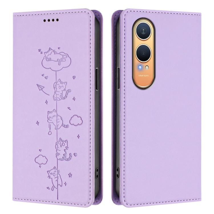 For OnePlus Nord CE4 Lite India Cute Cats Embossed Magnetic RFID Vegan Leather Phone Case