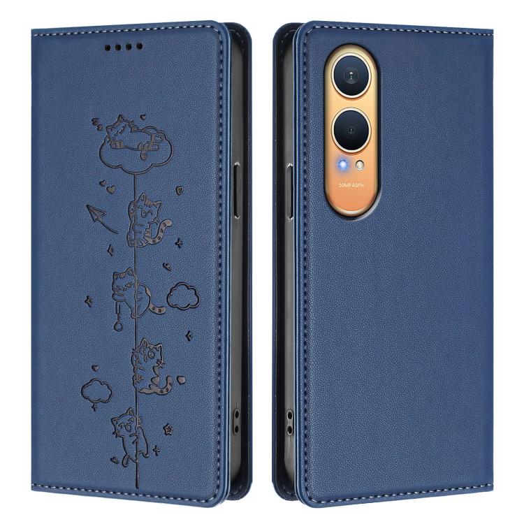 For OnePlus Nord CE4 Lite India Cute Cats Embossed Magnetic RFID Vegan Leather Phone Case