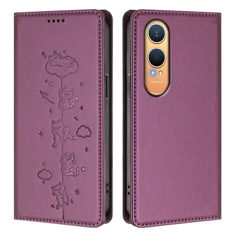 For OnePlus Nord CE4 Lite India Cute Cats Embossed Magnetic RFID Vegan Leather Phone Case