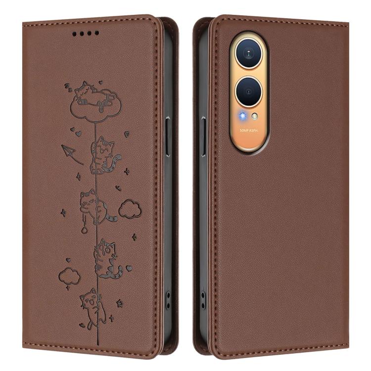 For OnePlus Nord CE4 Lite India Cute Cats Embossed Magnetic RFID Vegan Leather Phone Case
