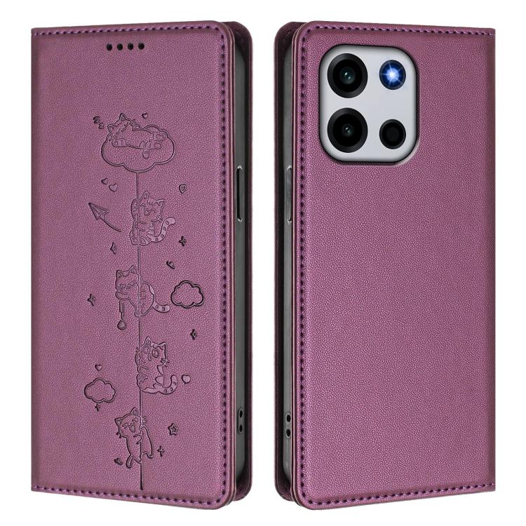 For OnePlus Turbo 6 / Turbo 6V 5G Cute Cats Embossed Magnetic RFID Vegan Leather Phone Case