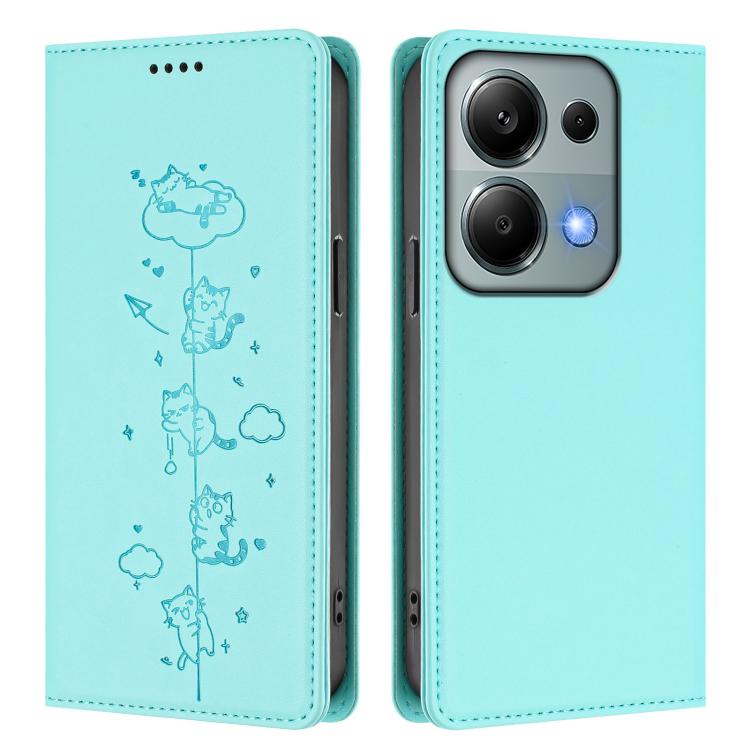 For Redmi Note 14S 4G / Note 13 Pro 4G Cute Cats Embossed Magnetic RFID Vegan Leather Phone Case