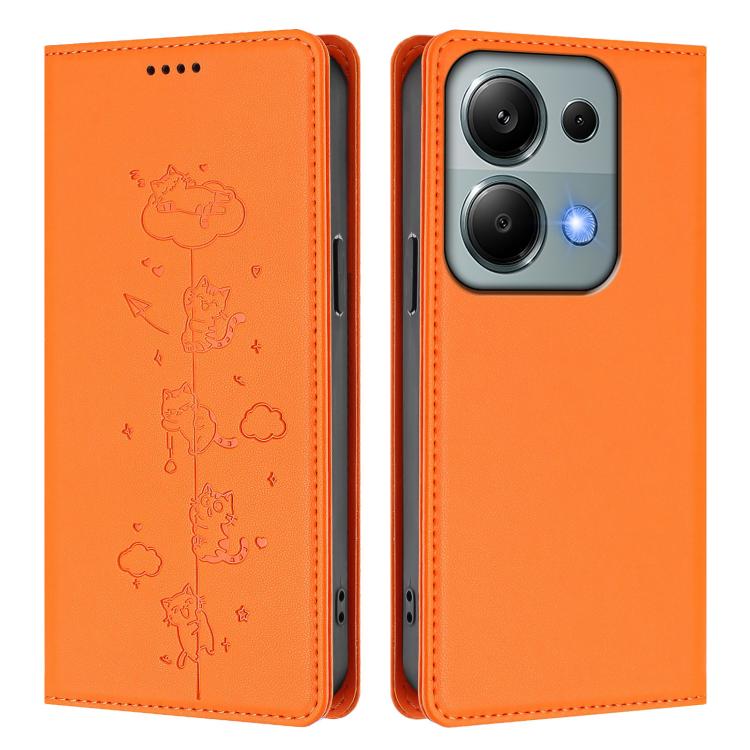 For Redmi Note 14S 4G / Note 13 Pro 4G Cute Cats Embossed Magnetic RFID Vegan Leather Phone Case