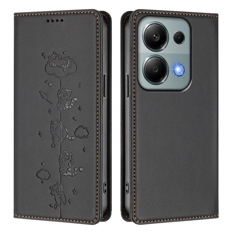 For Redmi Note 14S 4G / Note 13 Pro 4G Cute Cats Embossed Magnetic RFID Vegan Leather Phone Case