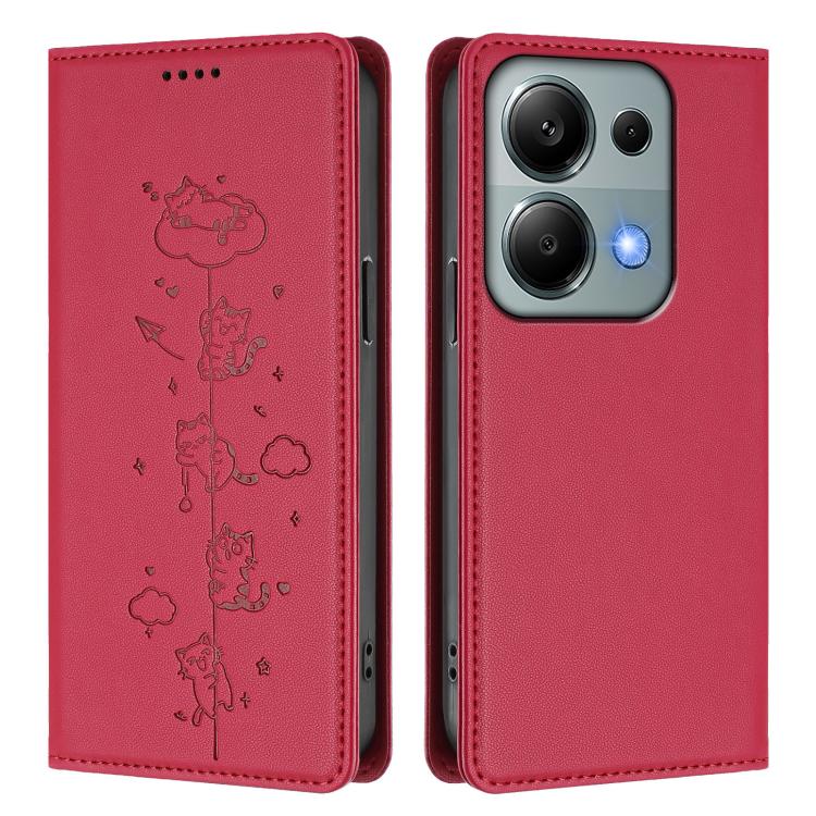For Redmi Note 14S 4G / Note 13 Pro 4G Cute Cats Embossed Magnetic RFID Vegan Leather Phone Case