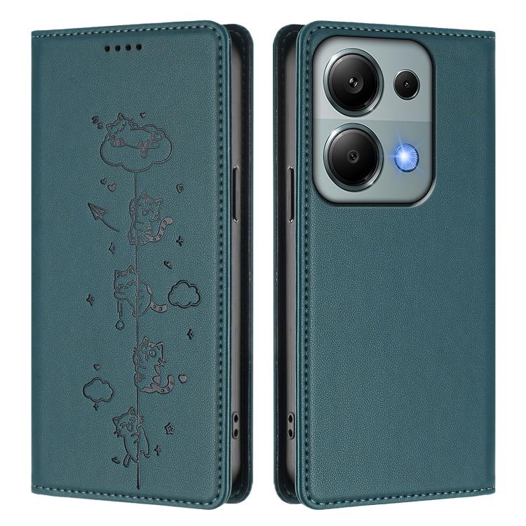 For Redmi Note 14S 4G / Note 13 Pro 4G Cute Cats Embossed Magnetic RFID Vegan Leather Phone Case