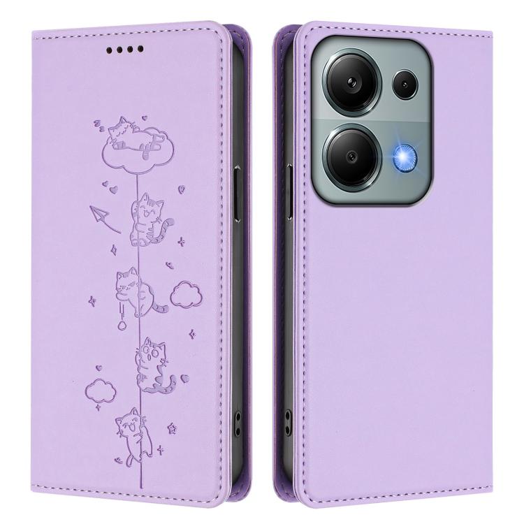 For Redmi Note 14S 4G / Note 13 Pro 4G Cute Cats Embossed Magnetic RFID Vegan Leather Phone Case