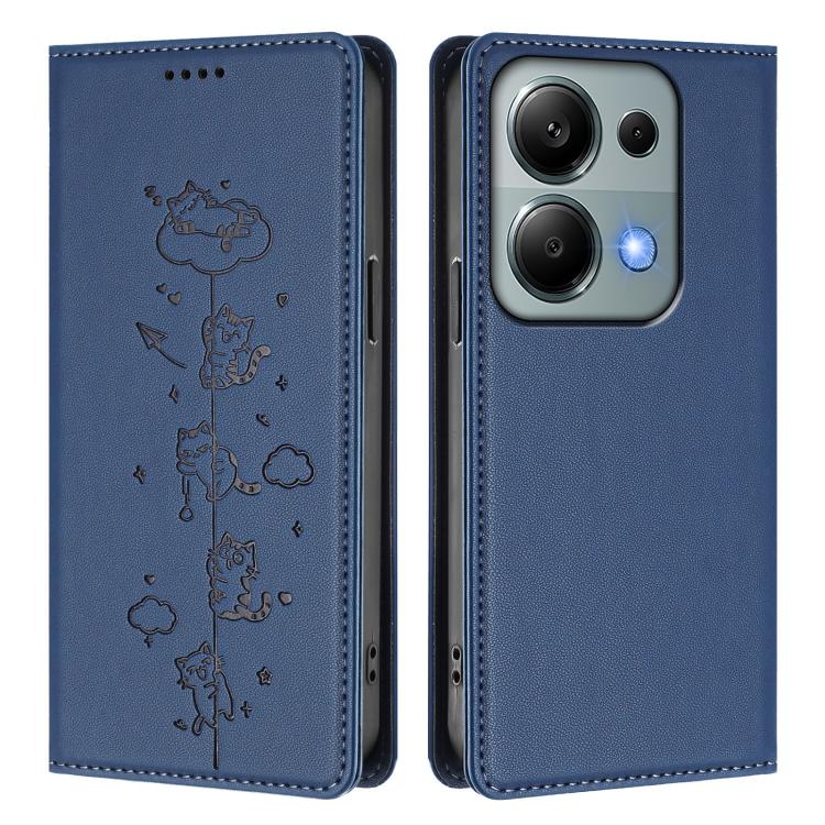 For Redmi Note 14S 4G / Note 13 Pro 4G Cute Cats Embossed Magnetic RFID Vegan Leather Phone Case