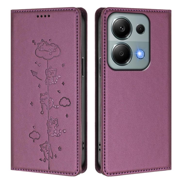 For Redmi Note 14S 4G / Note 13 Pro 4G Cute Cats Embossed Magnetic RFID Vegan Leather Phone Case