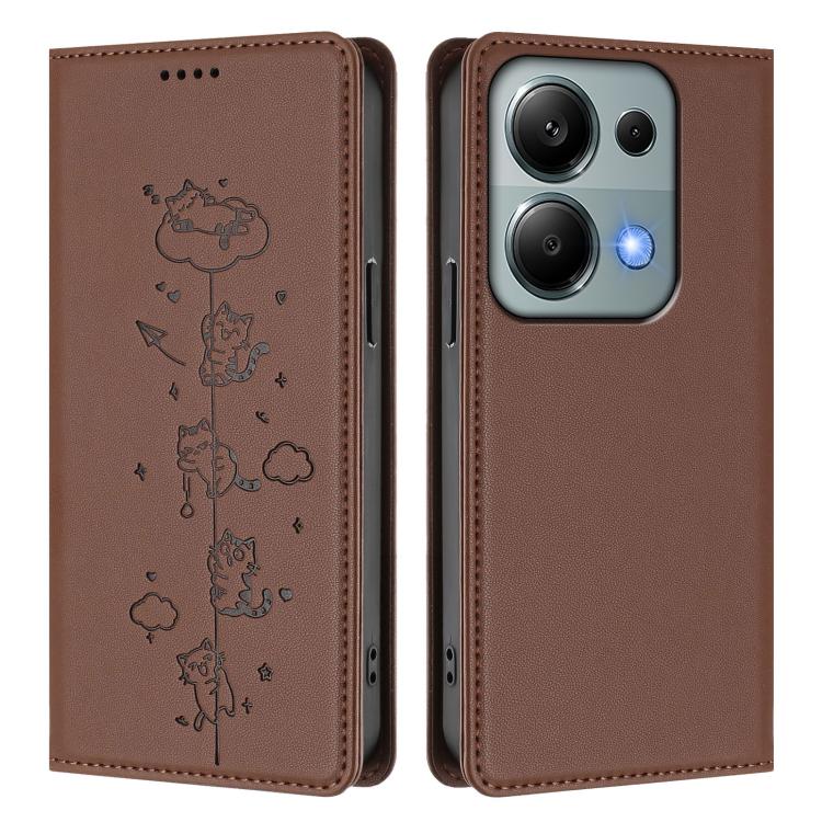 For Redmi Note 14S 4G / Note 13 Pro 4G Cute Cats Embossed Magnetic RFID Vegan Leather Phone Case