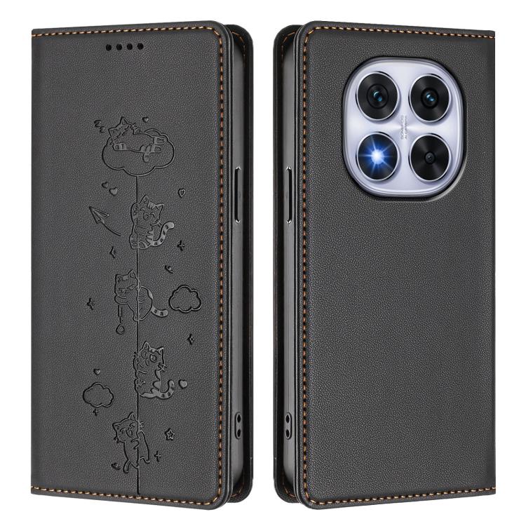 For Redmi Note 14 Pro 5G / Note 14 Pro+ 5G Cute Cats Embossed Magnetic RFID Vegan Leather Phone Case