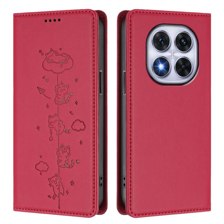 For Redmi Note 14 Pro 5G / Note 14 Pro+ 5G Cute Cats Embossed Magnetic RFID Vegan Leather Phone Case