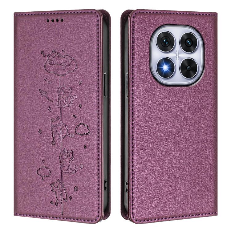 For Redmi Note 14 Pro 5G / Note 14 Pro+ 5G Cute Cats Embossed Magnetic RFID Vegan Leather Phone Case