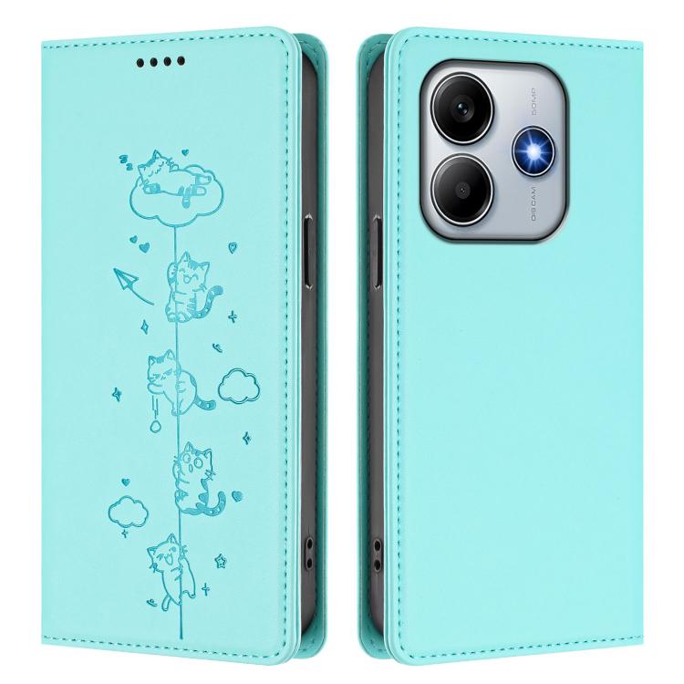 For Redmi Note 14 5G / Xiaomi Poco M7 Pro 5G Cute Cats Embossed Magnetic RFID Vegan Leather Phone Case