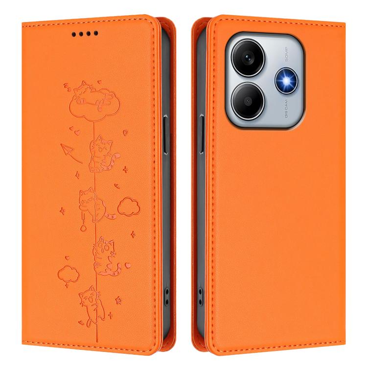 For Redmi Note 14 5G / Xiaomi Poco M7 Pro 5G Cute Cats Embossed Magnetic RFID Vegan Leather Phone Case
