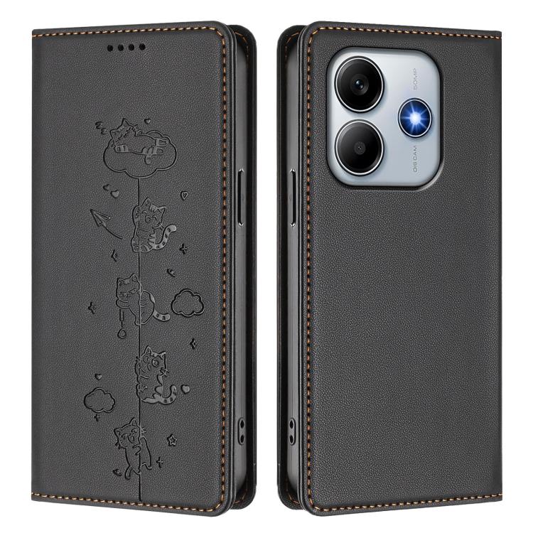 For Redmi Note 14 5G / Xiaomi Poco M7 Pro 5G Cute Cats Embossed Magnetic RFID Vegan Leather Phone Case