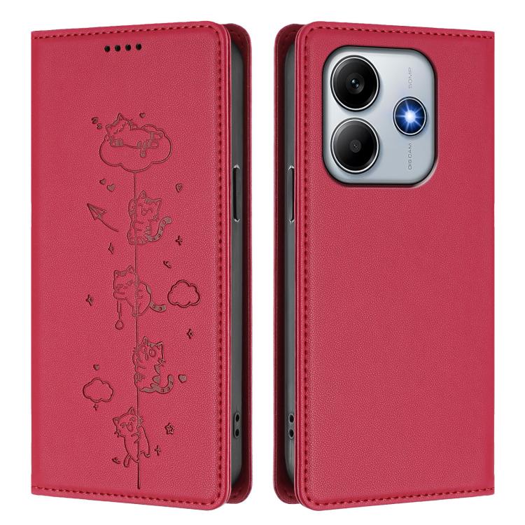 For Redmi Note 14 5G / Xiaomi Poco M7 Pro 5G Cute Cats Embossed Magnetic RFID Vegan Leather Phone Case