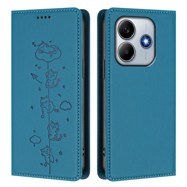 For Redmi Note 14 5G / Xiaomi Poco M7 Pro 5G Cute Cats Embossed Magnetic RFID Vegan Leather Phone Case