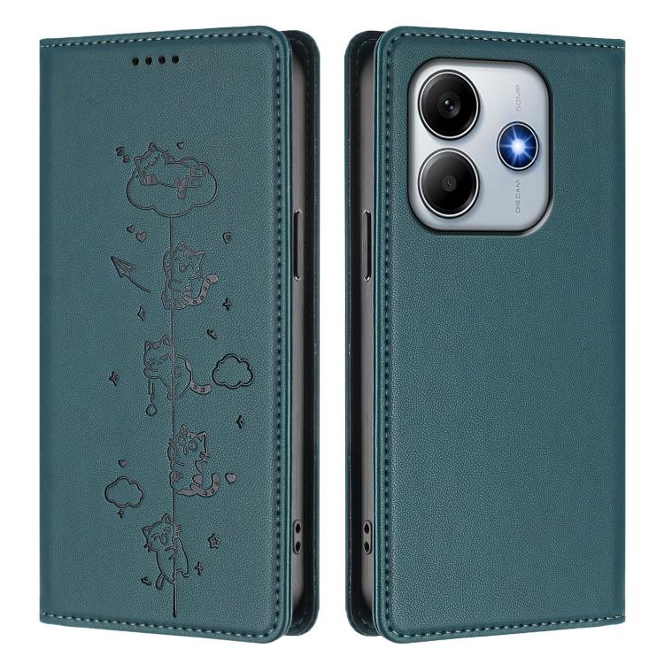 For Redmi Note 14 5G / Xiaomi Poco M7 Pro 5G Cute Cats Embossed Magnetic RFID Vegan Leather Phone Case