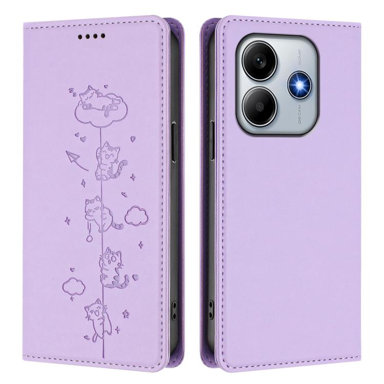 For Redmi Note 14 5G / Xiaomi Poco M7 Pro 5G Cute Cats Embossed Magnetic RFID Vegan Leather Phone Case