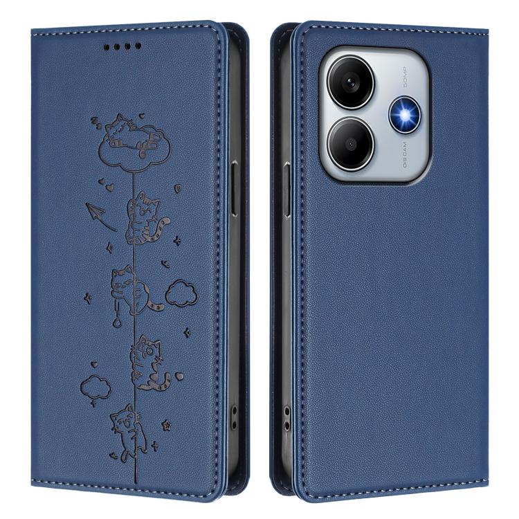 For Redmi Note 14 5G / Xiaomi Poco M7 Pro 5G Cute Cats Embossed Magnetic RFID Vegan Leather Phone Case